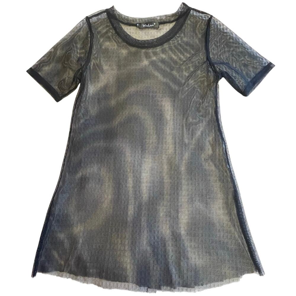 WuLun Mesh Black Crew Neck Short Sleeve Whimsy Goth Style Swim Coverup Small